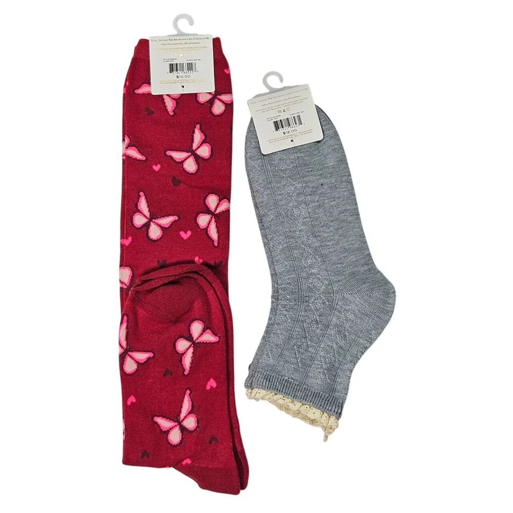 Et tu Womens A Pair Red Butterfly Hearts Plus 2 Lace Socks Purple Grey Size 9-11